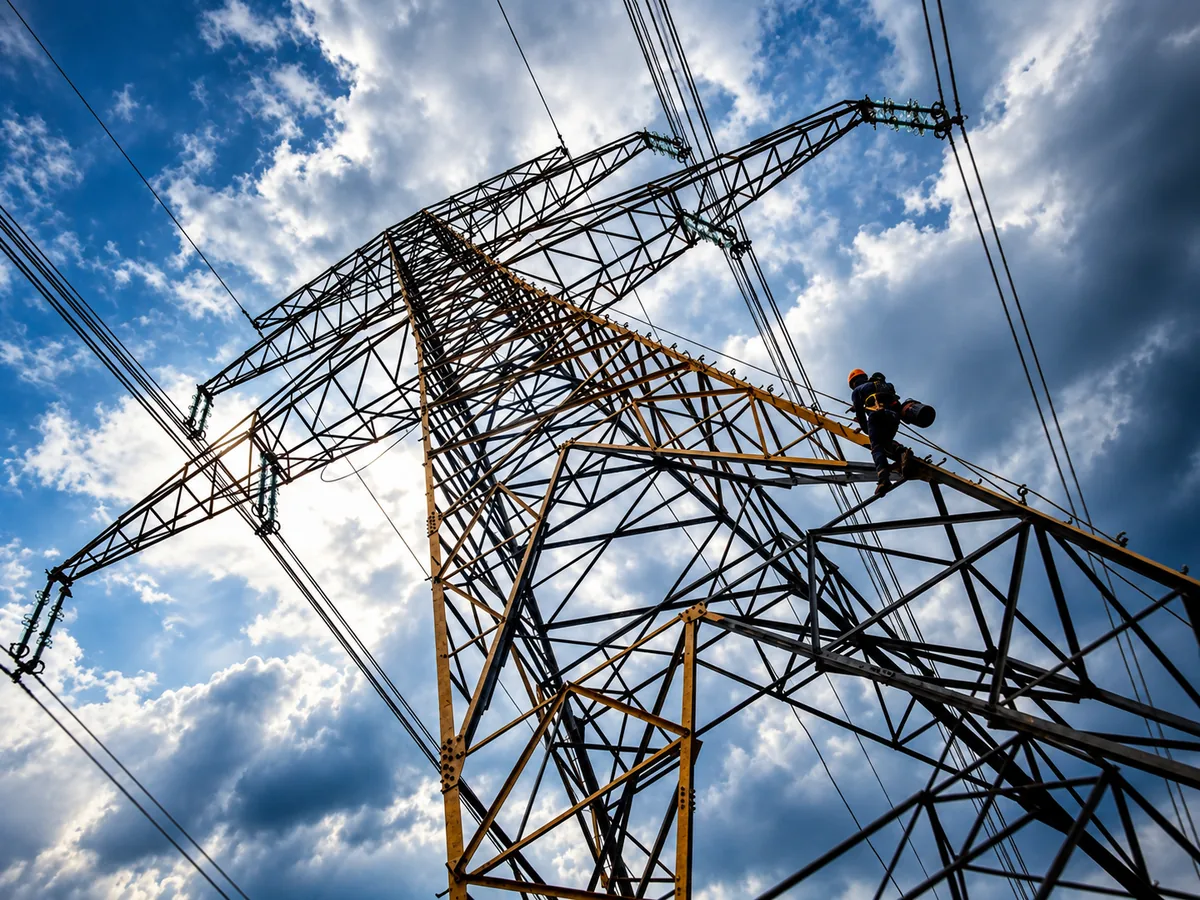 Základní nátěr stožáru ZVN (400 kV) č. 219 v Chodově za plného provozu (pod napětím)