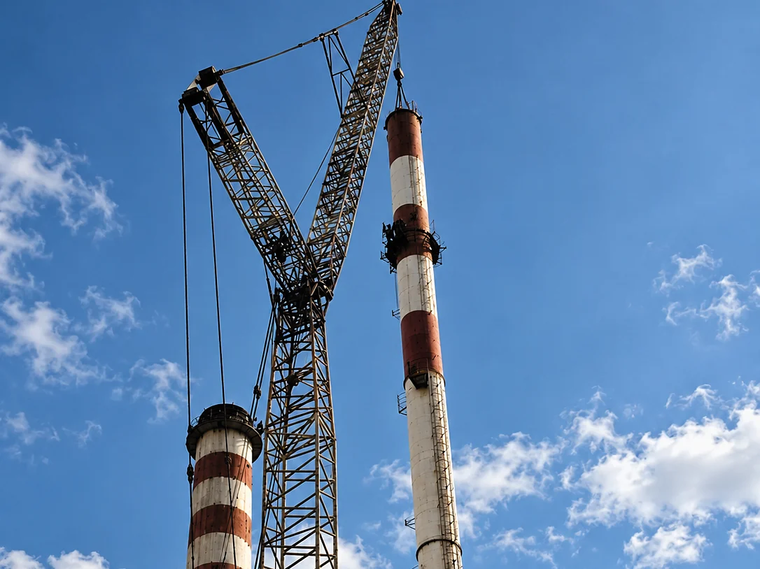 Jeřáb osazuje díl nového červenobílého ocelového komína při první stavbě v teplárně CE-ENERGY v Plané nad Lužnicí, ještě před požárem